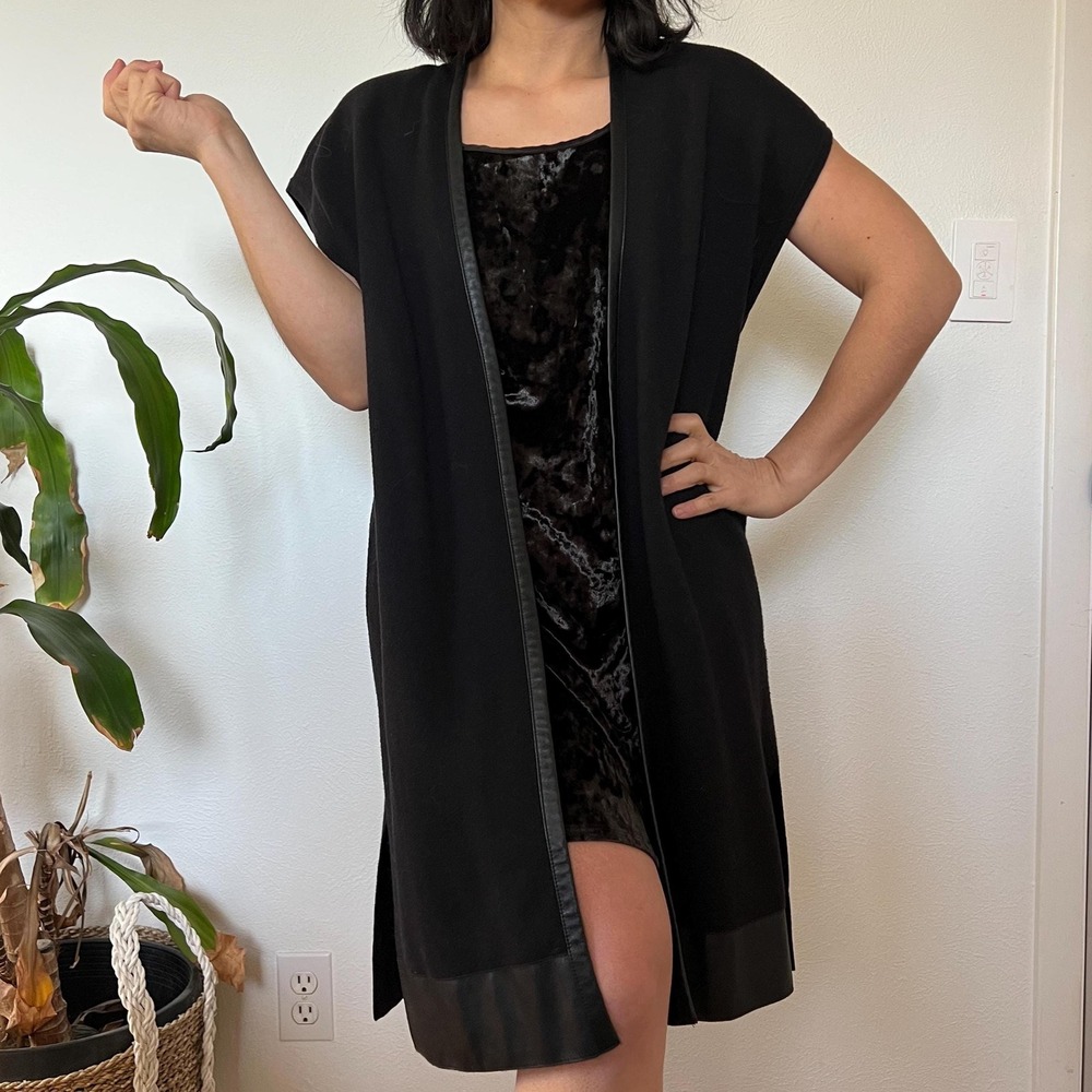 2000s Black Long Vest Sleeveless‎ Open Front Minimalist Duster Layer